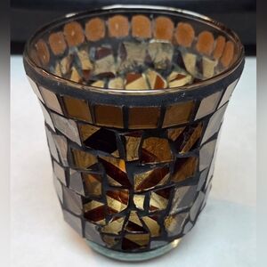 Vtg Brown Mosaic Tile Candle Holder Cup 4.5"